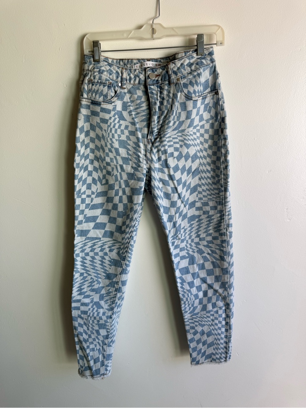 Tinseltown Blue White Optical Illusion Checker High Rise Straight Leg Jeans Sz 9
